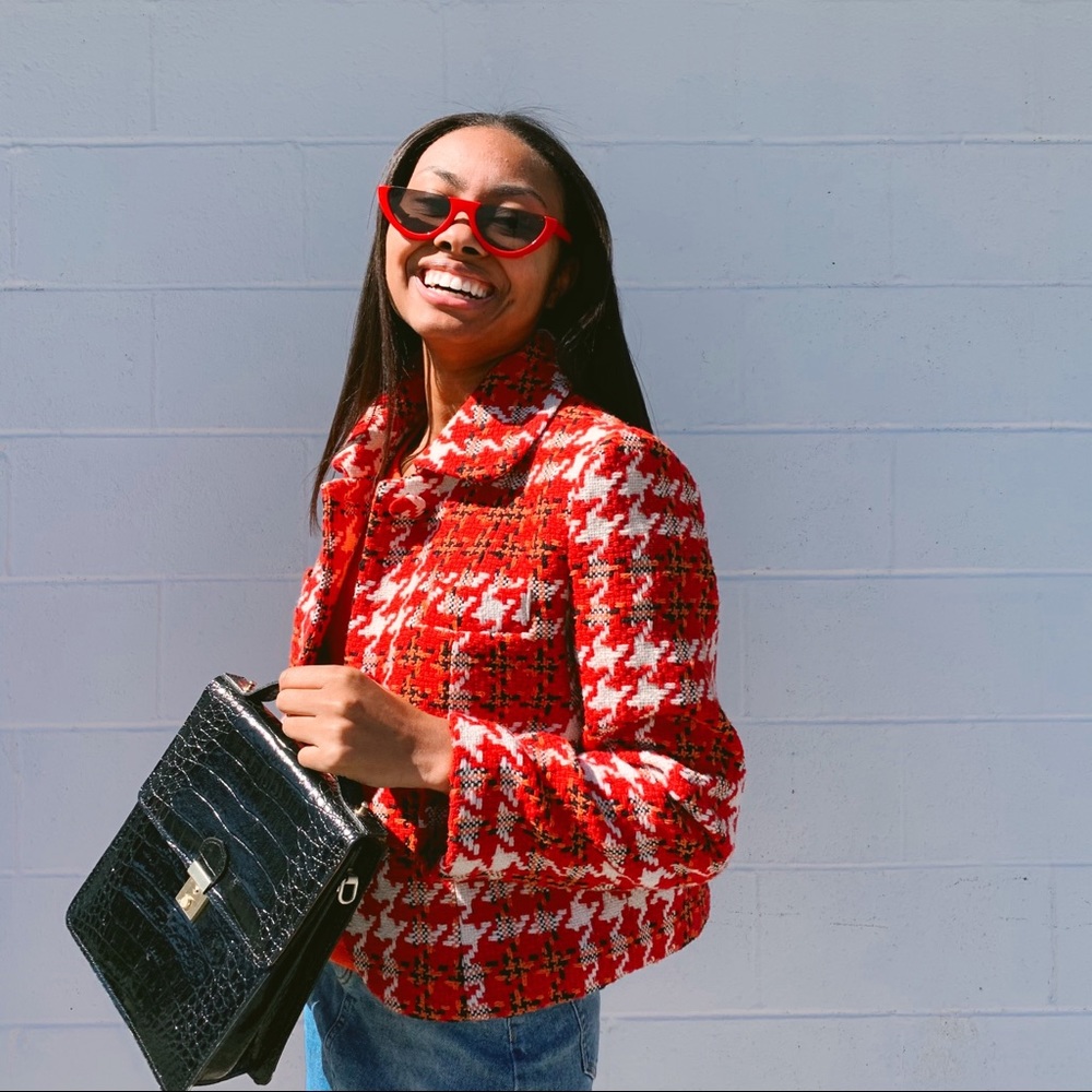 Demoiselle Houndstooth Cropped Pea Coat Red Black